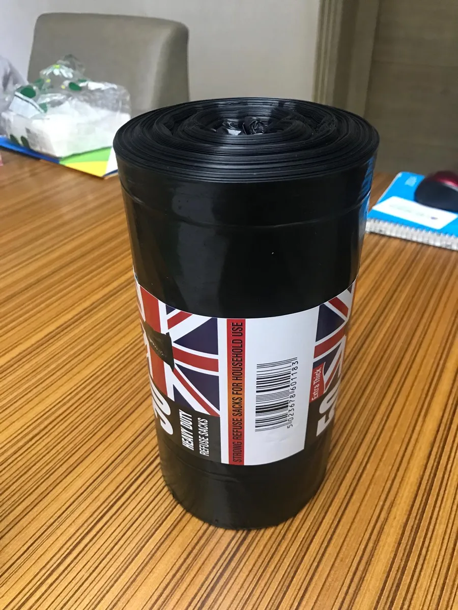 Heavy duty black refuse sack roll with UK branded label