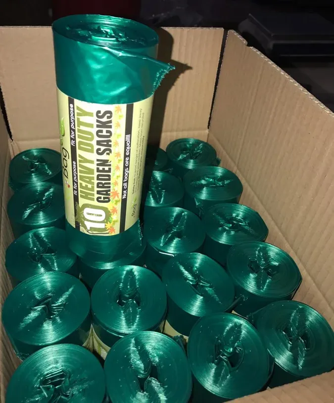 Heavy duty green garden sacks packed in a carton